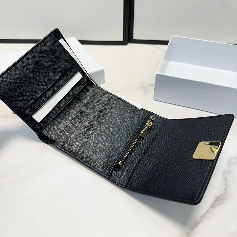 여성용 클래식 지갑 브랜드 블랙 짧은 동전 지갑, 대조적인 색상 신용 카드 가방, 원피스 3 단 지퍼 멀티 카드 가방