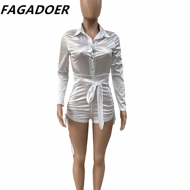 FAGADOER Spring New Solid Color Drawstring Bodycon Rompers Women Turndown Collar Long Sleeve Slim Jumpsuits Fashion Slim Overall