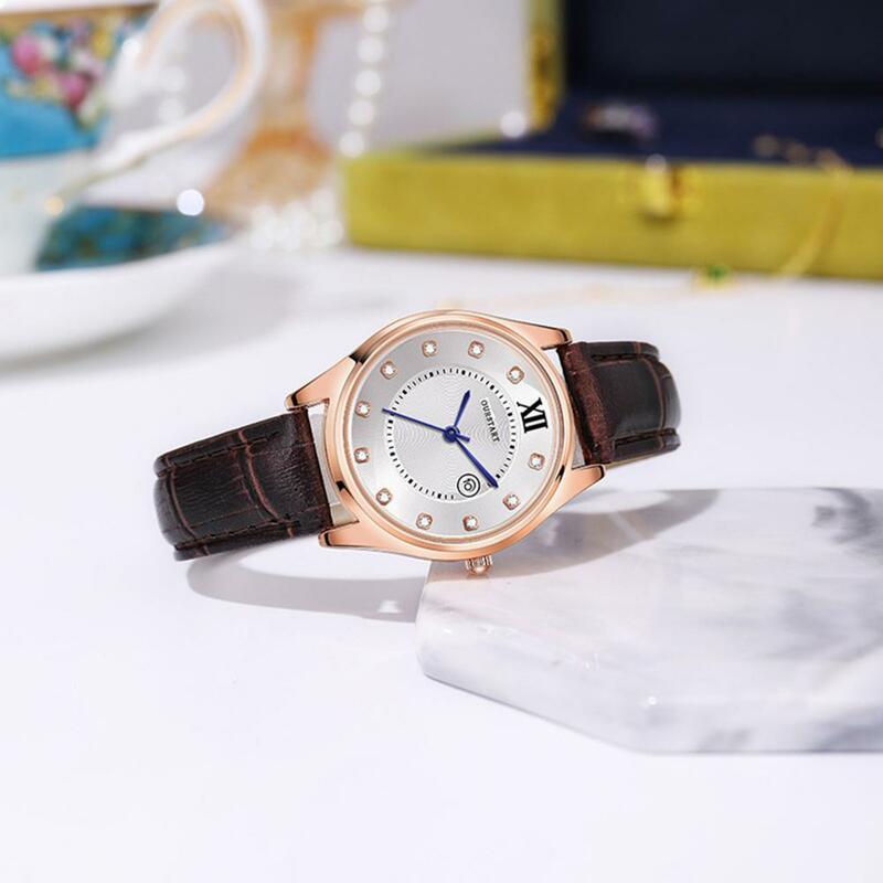 Ladies Watch Stylish Rhinestone Decor Student Quartz Watch with Adjustable Faux Leather Strap Calendar High Accuracy for Dating
