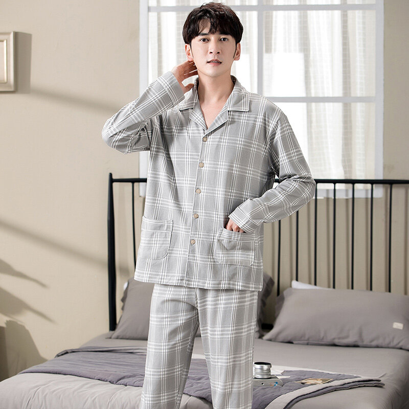 New Autumn Spring Plaid Print Full Pure Cotton Men Pajamas Set of Sleep Tops & Bottoms Fashion Sleepwear Thermal Nightgown