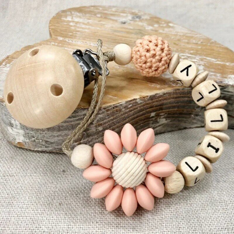 Custom Name Silicone Beads Wooden Ring Pacifier Clips Safe Teething Chains Baby Teether Eco-friendly Dummy Beech Clips Holder