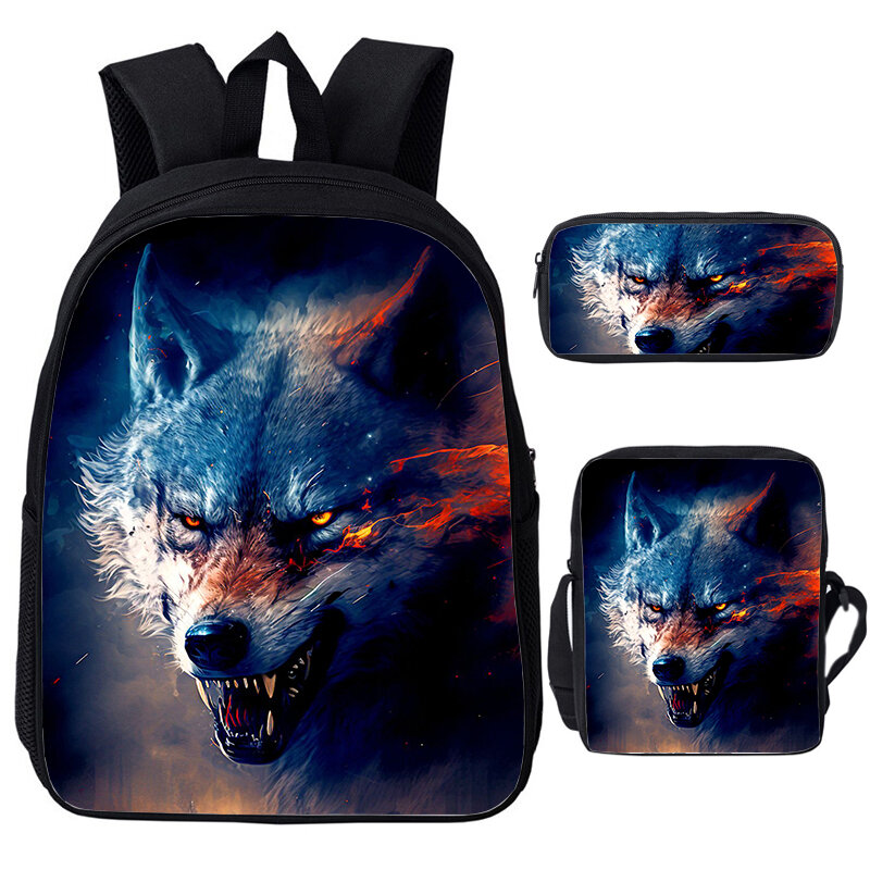 Galaxy Wolf Backpack Shoulder Bag Pencil Case Animals Tiger Lion Schoolbag Student Canvas Bag Girls Boys Bookbag Travel Daypack