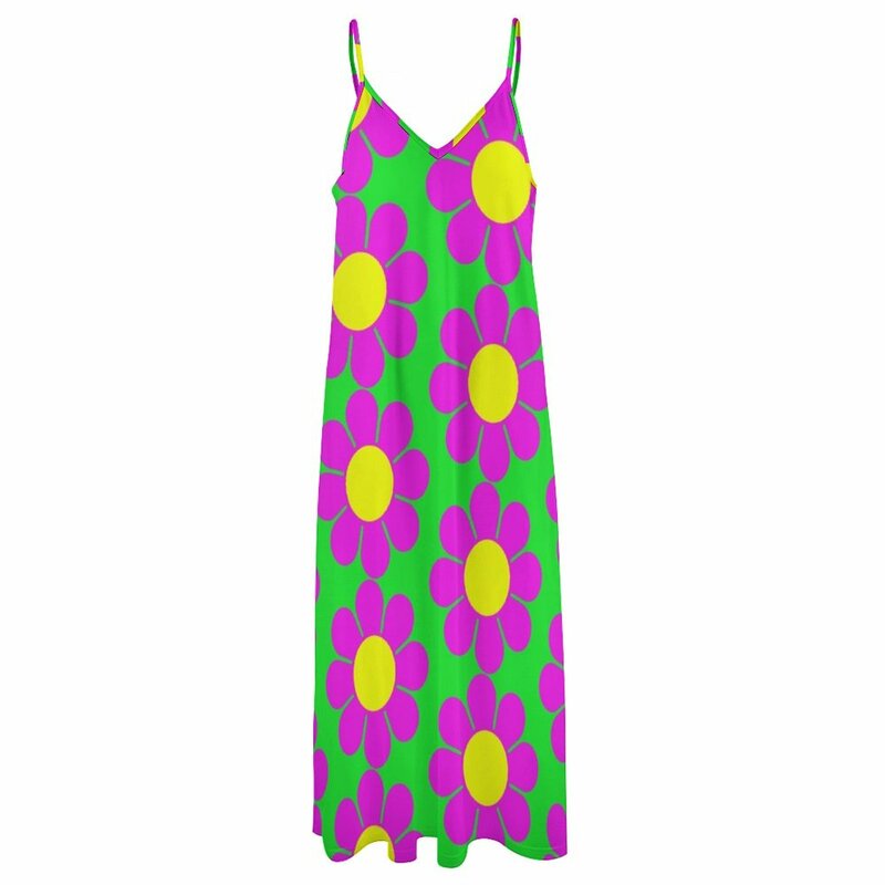 Vestido de verano sin mangas para mujer, traje femenino de manga larga con estampado de margaritas y flores Hippy, color rosa y amarillo, 2023