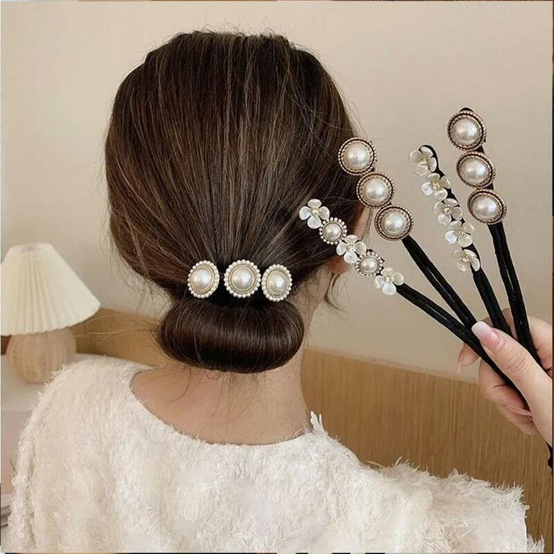 Bigoudis coréens élégants de fleur de perle, fabricant de chignon, accessoires de coiffure paresseux, épingle à cheveux, tressage, outils de coiffure de poignée de cheveux