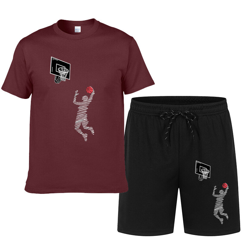 Camiseta de manga curta com gola redonda masculina, estampa de basquete, shorts de cordão, verão, lazer, 2 peças