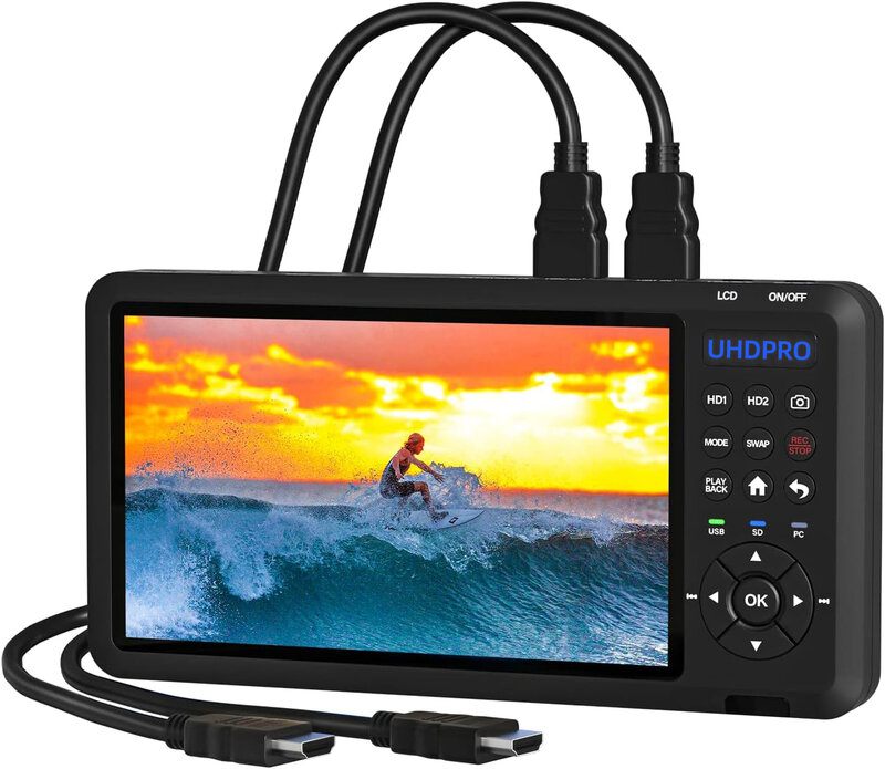 Caja de captura de vídeo HD de 2 canales, grabadora de vídeo con imagen HDMI con pantalla de 7 pulgadas, MP4, compatible con tarjeta SD, disco U de almacenamiento 10
