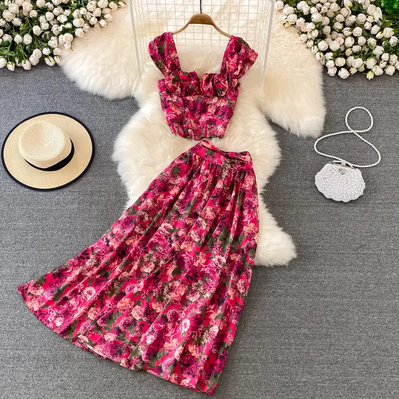 Conjunto de dos piezas de media falda Floral para Mujer, mallas cortas de cintura alta, longitud media, vacaciones en la playa