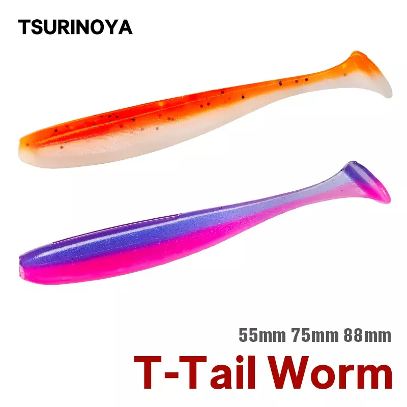 TSURINOYA เหยื่อตกปลาใหม่ T Tail Worm 55มม.65มม.75มม.88มม.เพิ่มกลิ่น Attractant Bass ประดิษฐ์เหยื่ออ่อน