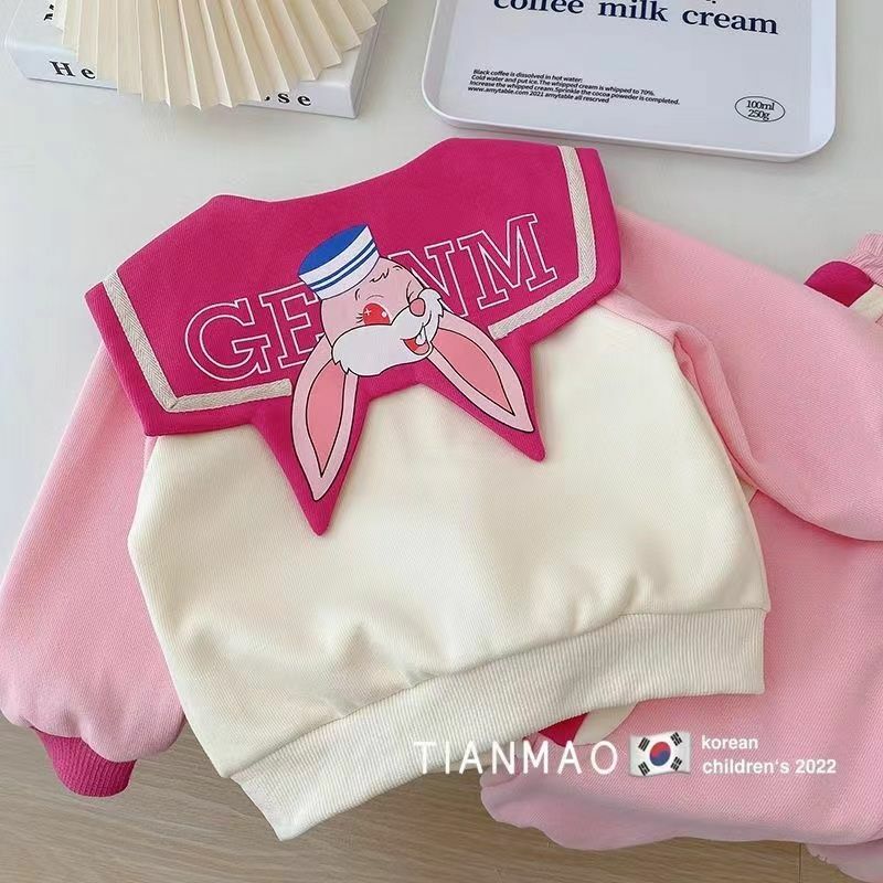 Children's Cartoon Set Spring and Autumn New Products for Girls Korean Casual Polo Collar Long sleeved Sweater Pants 2PCS