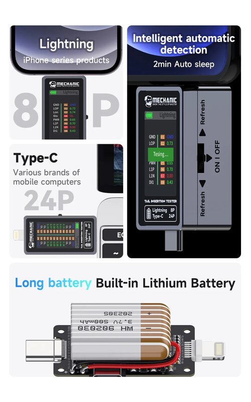 기계식 T-824 휴대폰 테일 삽입 테스터, 디지털 디스플레이, 전류 전원 확인, 독립 핀, C 타입 번개 분해 없음