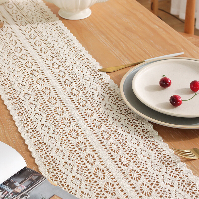 Vintage Beige Table Runner Christmas Crochet Lace Cotton Blended Fabric with Tassel For Coffee Table Decor Wedding Decoration