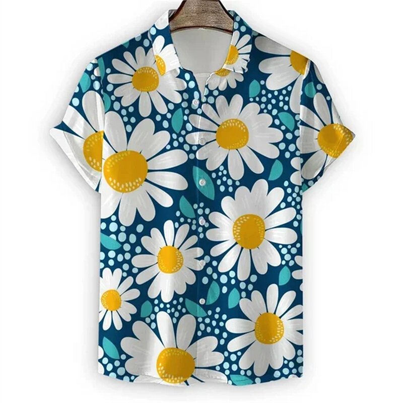 Chemise hawaïenne à manches courtes pour hommes, chemisier à simple boutonnage, chemises de plage décontractées, mode chrysanthème, impression 3D, vêtements pour hommes
