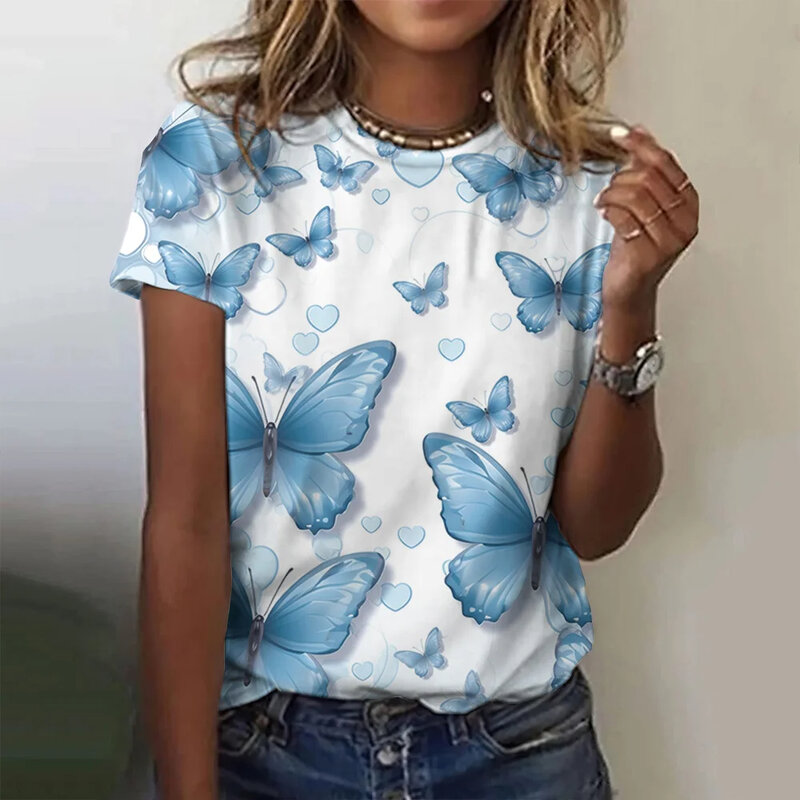 T-shirt Col Rond pour Femme, Pull de Haute Qualité, à Manches Courtes, Haut à la Mode, Motif Papillon, Vêtements Tendance, Été