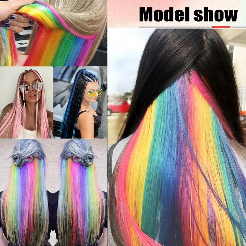 女性のための色付きのヘアエクステンション,長くてまっすぐなカラフルなヘアピース,合成レインボーヘアピース,24インチ