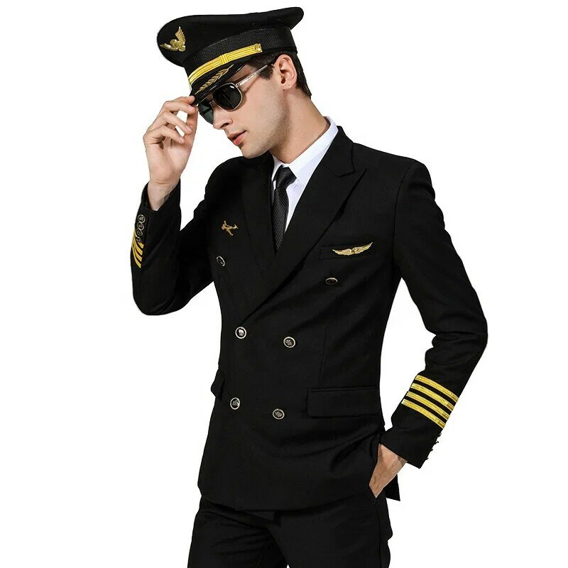 ネイビーブルーの飛行士スーツ、アビエイターシャツ、ユニフォーム