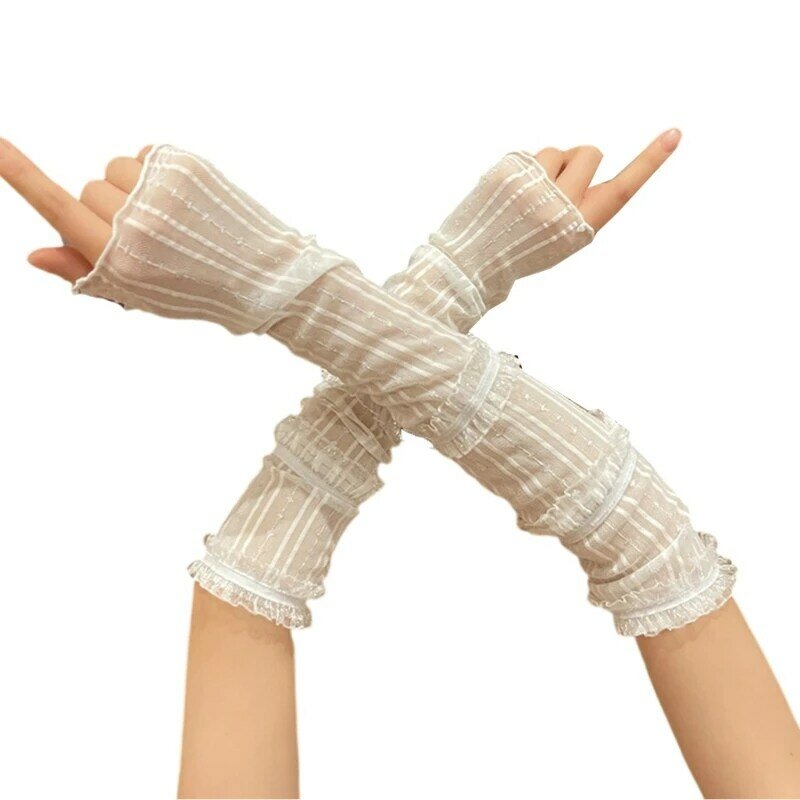 Couvre-bras avec garniture en dentelle plissée, gants élastiques résistants au soleil pour femmes, couvre-bras conduite
