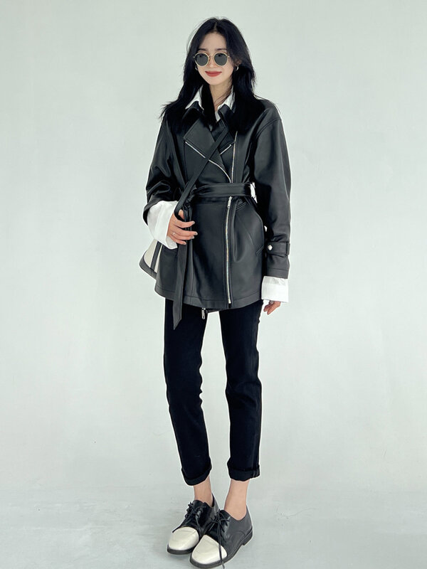 Abrigo de cuero de gran tamaño para mujer, chaqueta de motocicleta con cuello de traje medio largo, Primavera/otoño, nuevo estilo, 2024