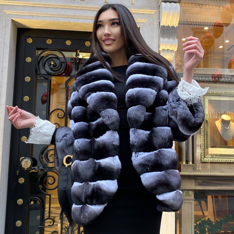 Mantel bulu kelinci Rex Natural musim dingin jaket bulu pendek wanita jaket bulu Chinchilla penjual terbaik jaket bulu asli