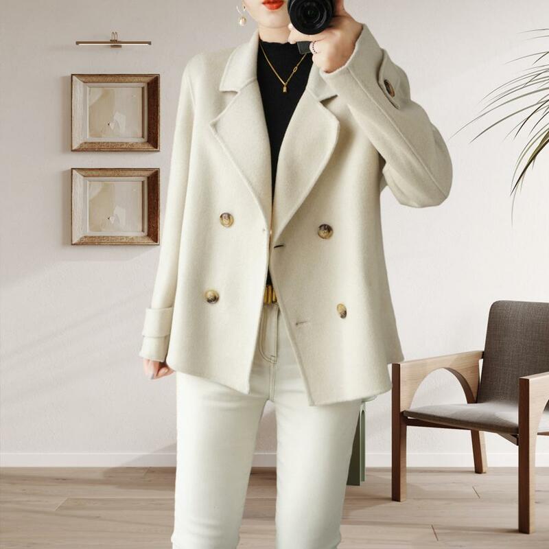 Mantel panjang wanita, jaket wol dua baris, hangat, pakaian luar musim gugur dan dingin untuk bisnis berpergian