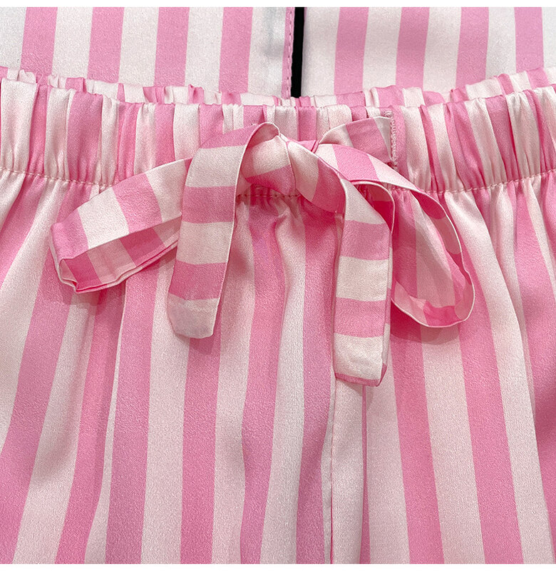 Piyama sutra es wanita baru bergaris-garis merah muda wanita Musim Panas 2024 kardigan wanita pakaian tidur manis pakaian rumah Set celana pendek