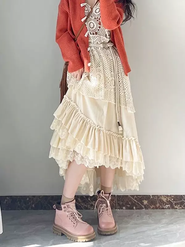 Faldas Vintage de terciopelo de encaje para mujer, Falda Midi de fiesta elegante, informal, Irregular, Retro, Bohemia, otoño