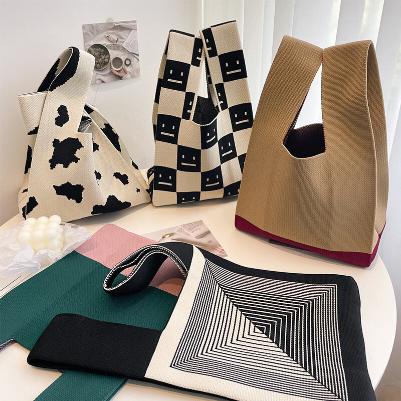 Bolsa de malha artesanal listrada larga para mulheres, mulheres coreanas minimalistas, bolsa de pulso mini nó, sacola, estudante, sacolas de compras reutilizáveis, nova