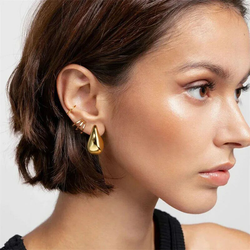 Edelstahl Gold Farbe klobige Kuppel Wasser tropfen Ohrring für Frauen Vintage glänzende dicke Teardrop Creolen Ohrringe Schmuck