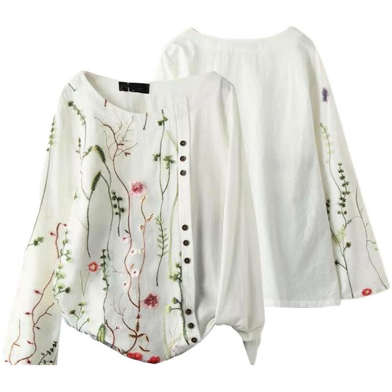 Camisa com estampa floral bordada feminina, ajuste relaxado, blusa feminina, gola em O, manga curta, confortável, ajuste solto, primavera, verão