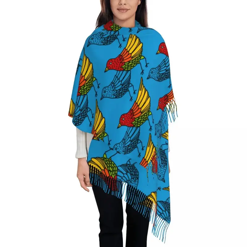 Sciarpa alla moda con scialle in nappa da donna con uccello disegnato a mano colorato