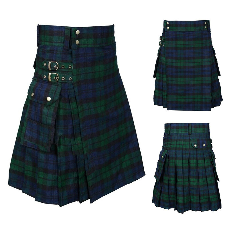 Saia plissada de Tartan tradicional escocesa para homens, kilt vintage, moda punk escocesa, saias de bolso góticas, 2022, 2024