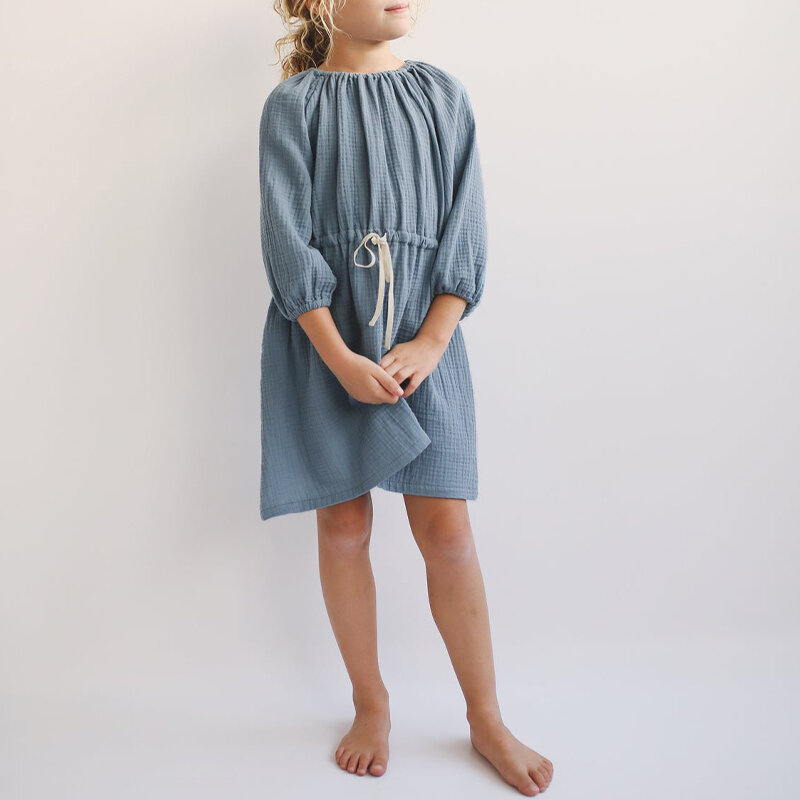 100% Cotton Gauze Girls Drawstring Dress 2024 Spring New Round Neck Pleated Long Sleeved Casual Loose Baby Girl Dresses