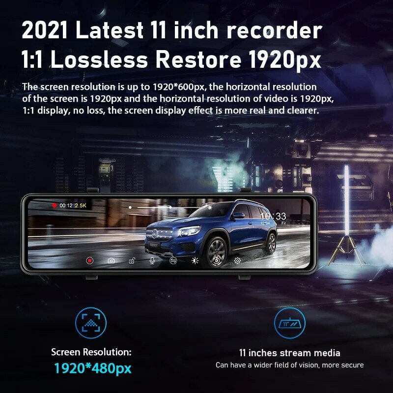 Jansite Car Dvr 11 pollici 2K Touch Screen videoregistratore schermo Streaming specchio con telecamera retrovisiva frontale dash cam per visione notturna
