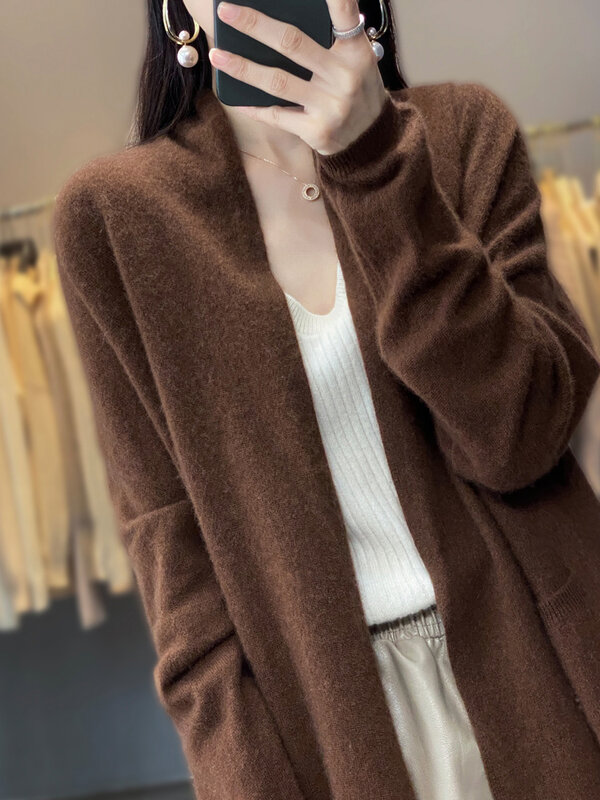 100% Merino Wool Spring Autumn Women's Cardigan Long Sleeve Sweater Solid Color Loose Warm Knitwear Fashion Female Long Coat