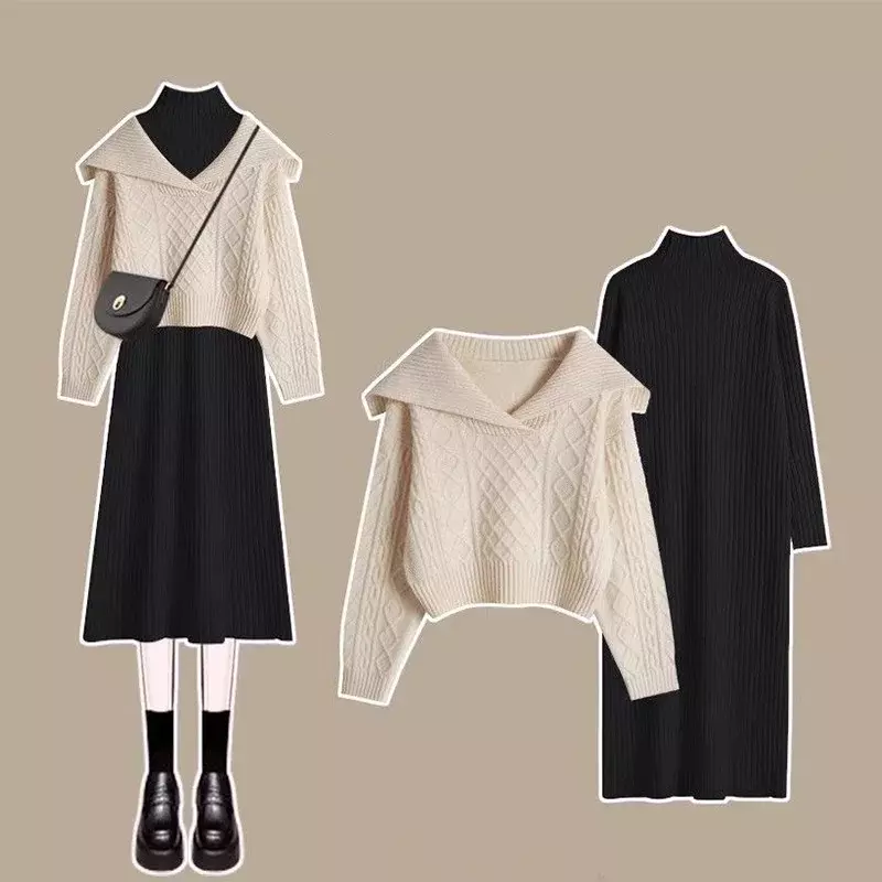 Conjunto de dos piezas de punto para mujer, suéter versátil, vestido Simple, ropa de invierno, nuevo, Otoño, 2023