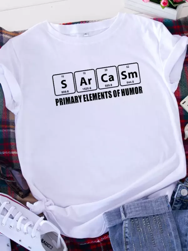 Sarcasmo-Elementos Primários Femininos de Carta de Humor, Camiseta Estampada, Manga Curta, Pescoço O, Solto, Camiseta Feminina