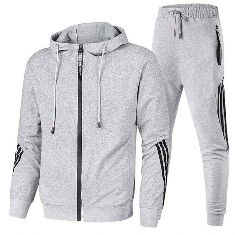 New Style Cross border Three Bar Men's Fashion Sports Set with Hooded Zipper Air Layer Casual Set Hoodies set