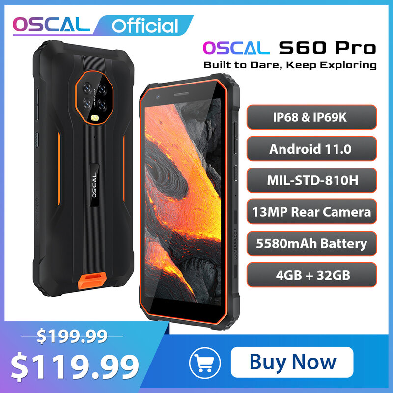 Прочный водонепроницаемый смартфон Oscal S60 Pro, IP68, дисплей 5,7 дюйма, 4 Гб + 32 ГБ, 5580 мАч, Android 11, 8 Мп + 13 МП, мобильный телефон