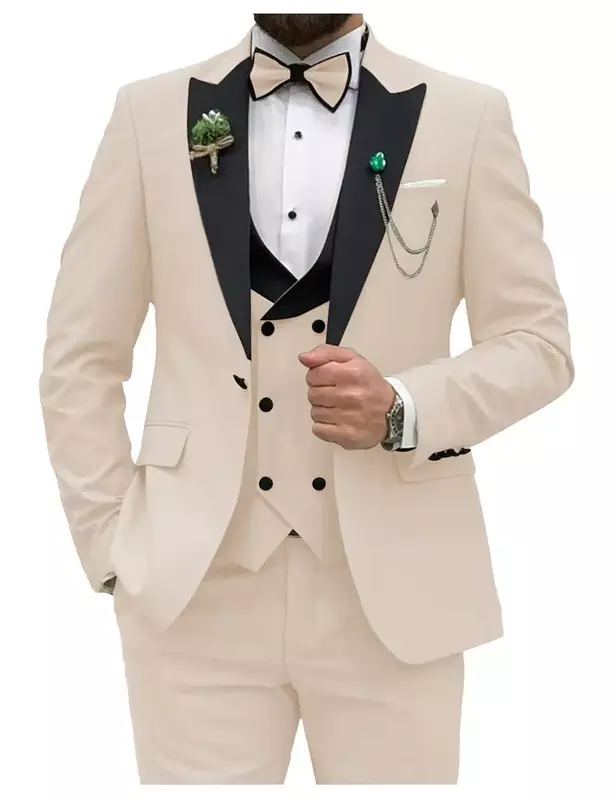 Ternos de peito duplo slim fit masculinos, conjunto formal de blazer masculino, lapela de pico, smoking para festa e casamento, colete e calças