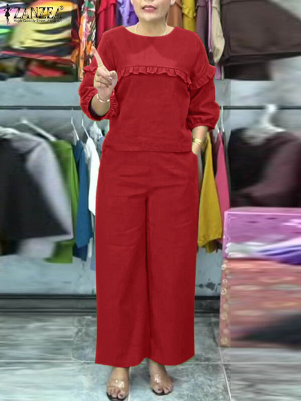 Комплект брюк ZANZEA Женский свободного кроя, Модный комплект с рукавом 2024, с оборками на подоле, однотонный брючный костюм с широкими штанинами, блузка в уличном стиле, 3/4