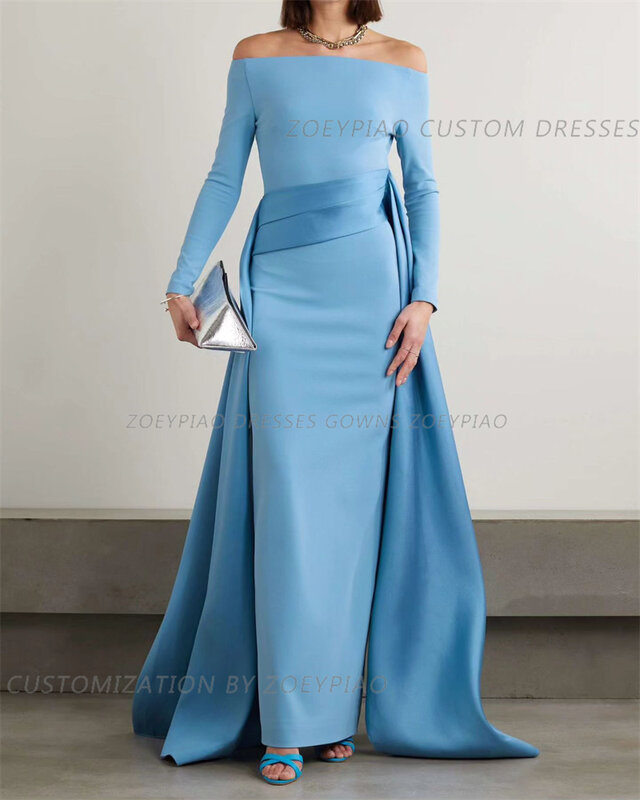 女性用の青いイブニングドレス,長袖,シルク,サテン,人魚,フォーマルなドレス,床の長さ,パーティードレス