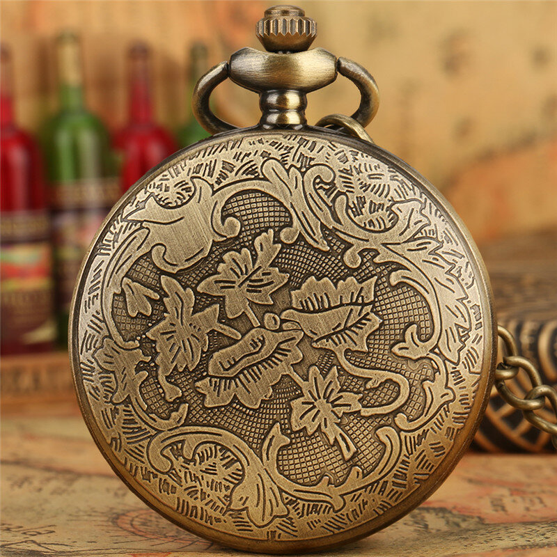 Reloj de bolsillo de cuarzo tallado en bronce para hombre, cadena de collar de cazador completo con palabras de campeones, FOB, número árabe, 2020