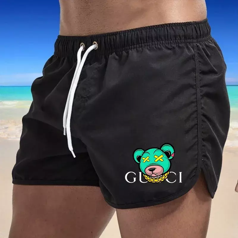 Shorts de praia seca rápida masculina, roupa de banho com urso estampada de luxo, movimento ginásio surf, verão
