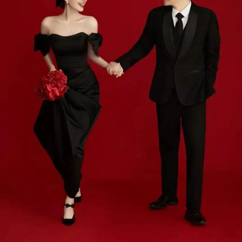 2024 neue süße Schleife koreanische Brautkleid Mode von der Schulter Bräute Brautkleider weiche Satin schwarz lange Abendkleider