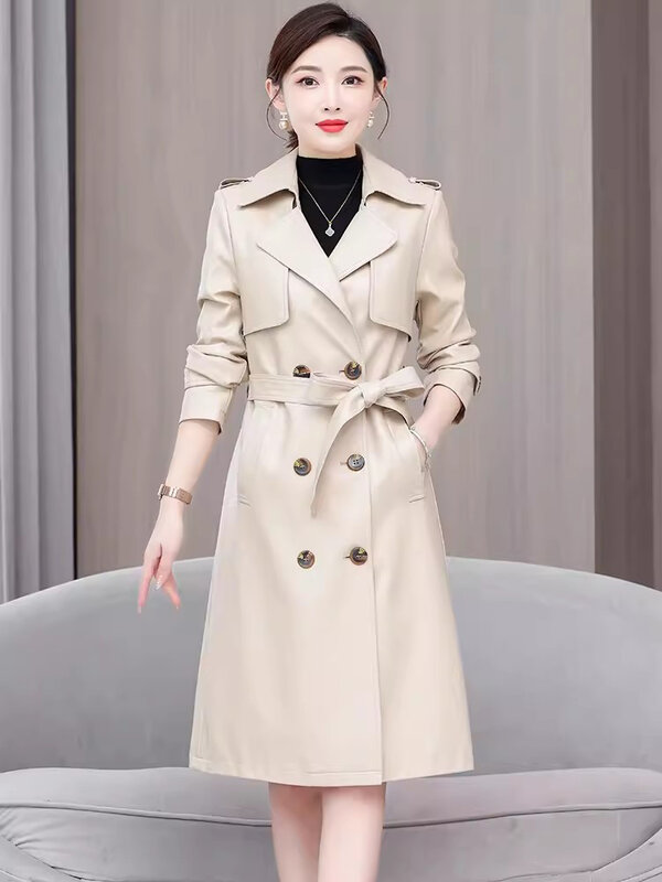 新しい女性春秋カジュアルレザーコート ファッション ターンダウンカラーダブルブレストスリム羊革トレンチコート スプリットレザー