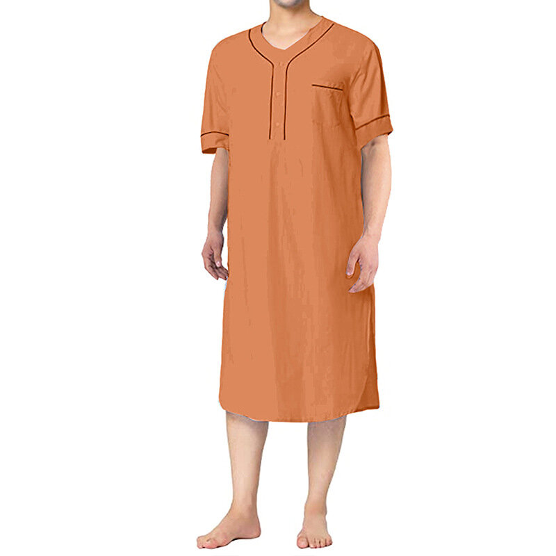 Zomer Korte Mouw Mannen Dunne Nachtjapon Moslim Islamitische Homewear Effen Kleur Losse Saudi Arabia Kaftan Home Abaya Slaapjas