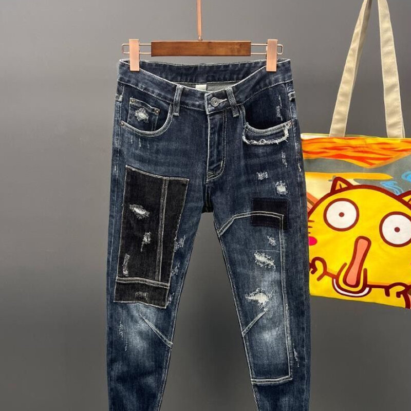 Брюки с дырками мужские рваные джинсы мужские ковбойские брюки эластичные Сращенные Стрейчевые зауженные Y2k уличная одежда Kpop Новинка