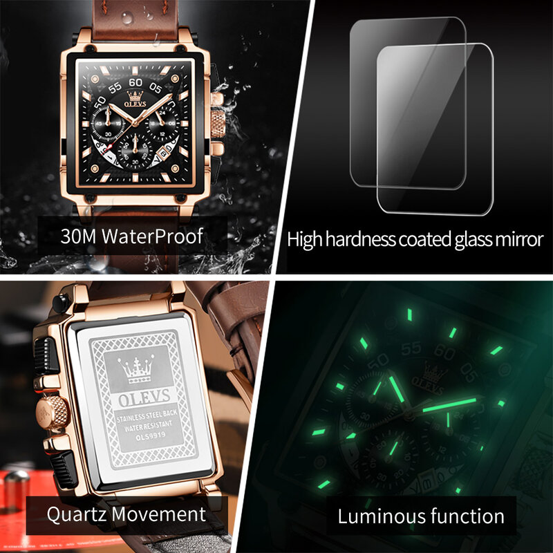 OLEVS-Montre à quartz chronographe en cuir pour homme, montres de sport, horloge Shoous, marque supérieure, mode de luxe