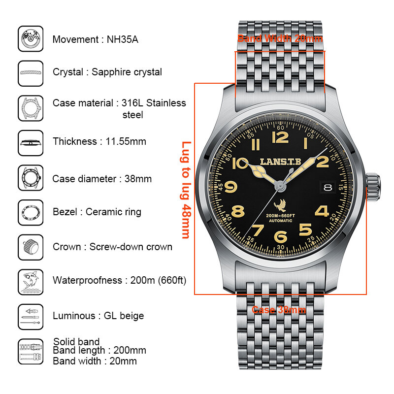 LANSTB-ヴィンテージオマージュ時計、ステンレススチール、機械式、軍事クロノグラフ200M防水時計男性用、スポーツ腕時計