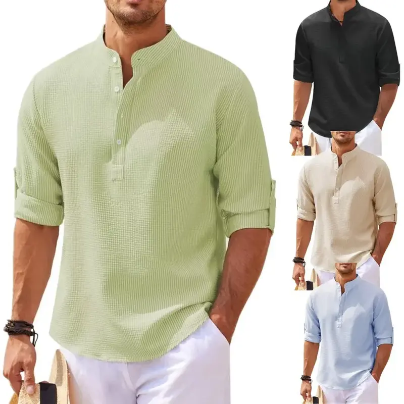 Camisas masculinas de linho de algodão de manga comprida, gola alta, monocromática, casual estilo praia, plus size, S-5XL, primavera, outono, venda quente