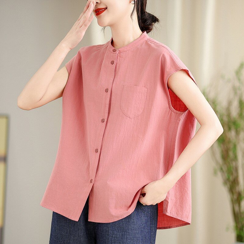100% Cotton Casual Shirt Women New 2024 Summer Vintage Style O-neck Solid Color Loose Female Sleeveless Tops Shirts B3703